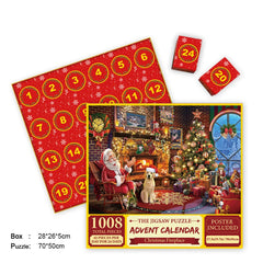Merry Jigsaw Advent Calendar Puzzle; red calendar with numbered circles and a 1008-piece Christmas puzzle