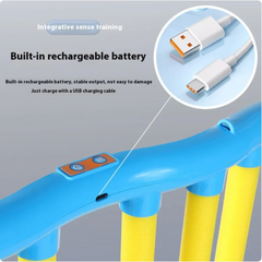 Kids Sensory Toy with blue body and yellow legs; rechargeable battery charged via USB and interactive top controls.