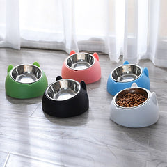 Cat bowls set: five stainless steel bowls with colored outer shells in green, pink, blue, black, and gray.