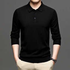 Men's Lapel Knit Pullover Sweater in black by Phora'store, lightweight long-sleeve knit