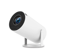 Portable projector by Phora'store, white cylindrical body with a black front grill and lens on a stand.