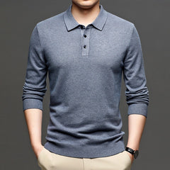 Men's lapel-knit lightweight pullover sweater in blue-gray with ribbed cuffs and hem