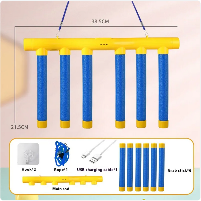 Phora'store kids sensory toy: yellow bar with six blue textured grab sticks; includes two hooks, one rope, and USB charging cable.