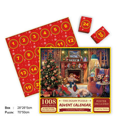 Merry Jigsaw Advent Calendar Puzzle, Phora'store red 24-day calendar with 1008 pieces and cozy fireplace scene