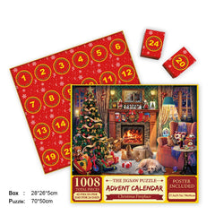 Merry Jigsaw Advent Calendar Puzzle by Phora'store; red numbered boards and two small red boxes, cozy fireplace scene.