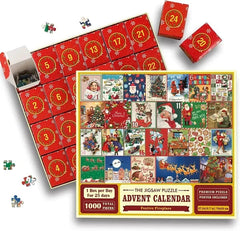 Merry Jigsaw Advent Calendar Puzzle by Phora'store; red advent calendar box and festive collage puzzle