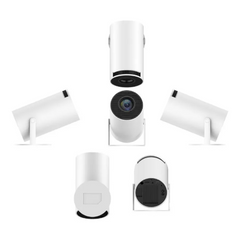 Portable projector white with lens and stands, compact home cinema device