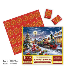 Merry Jigsaw Advent Calendar Puzzle; red numbered advent calendar and 1008-piece train-scene puzzle box (2 items)