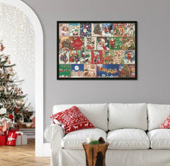 Merry Jigsaw Advent Calendar Puzzle, black-framed wall art featuring a colorful advent calendar collage.