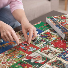 Merry Jigsaw Advent Calendar Puzzle - colorful Christmas-themed pieces laid out on the table.