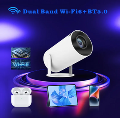 White portable projector on a stand, part of a 4-item set with wireless earbuds case, tablet and smartphone