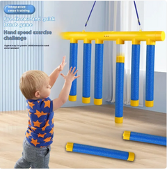 Kids Sensory Toy by Phora'store; yellow bar with blue foam hanging tubes for hand-eye training