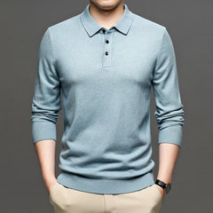 Men's Lapel Knit Pullover Sweater in light blue, polo collar with 3-button placket, lightweight knit