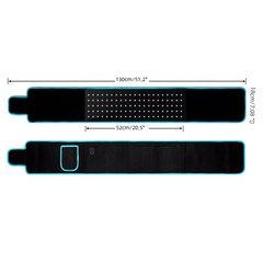 Long Wave Red Light Therapy Heating Waist Belt by Phora'store, black with cyan trim, 130cm long, LED panel.