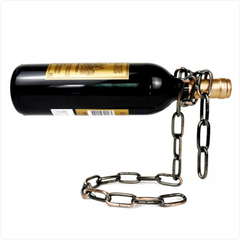 Suspension Chain Wine Rack Metal Holder with a wine bottle suspended by a dark copper-toned chain