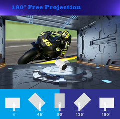 Phora'store Portable Projector displaying a motorcycle race on a cinema-style screen with 180° free projection.