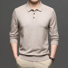 Men's lapel knit pullover sweater, beige, lightweight with polo collar