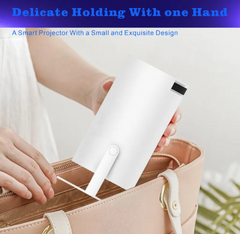 Portable projector by Phora'store, white compact device placed in a beige handbag for on-the-go cinema.