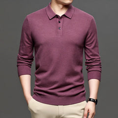 Men's lapel knit pullover sweater by Phora'store in burgundy, lightweight long-sleeve with ribbed cuffs