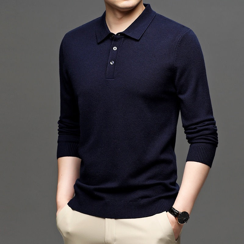 Men's lapel knit pullover sweater in navy by Phora'store; lightweight, polo-style knit top.