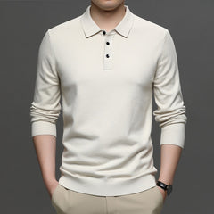 Men's cream lapel knit pullover sweater with polo collar and button placket.