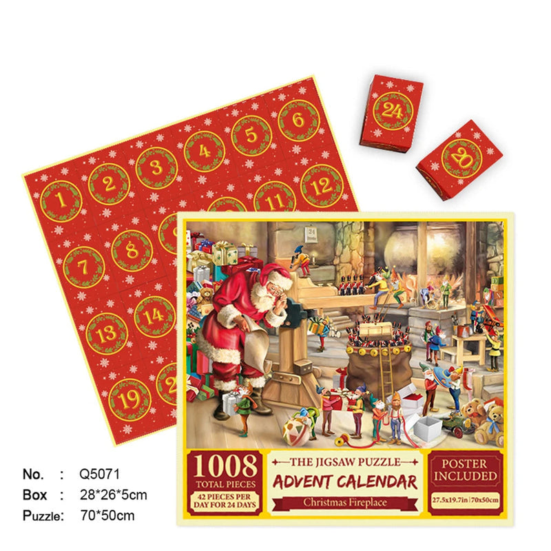 Merry Jigsaw Advent Calendar Puzzle by Phora'store; red calendar with numbered circles and a 1008-piece fireplace scene.